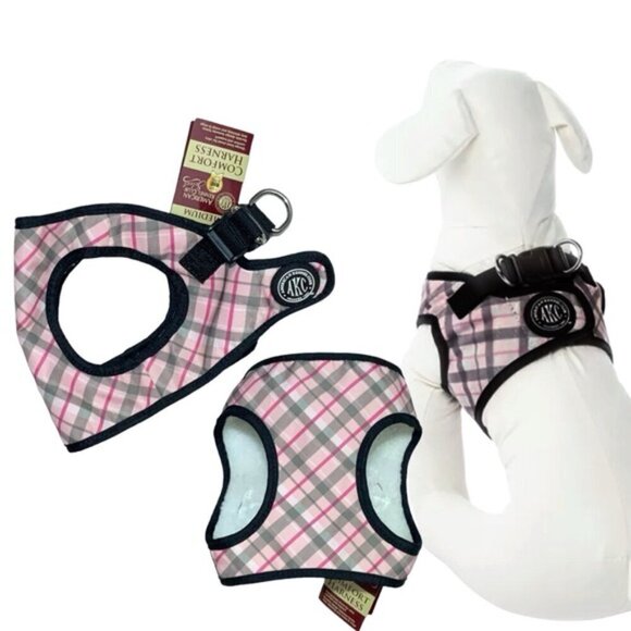 American Kennel Club Dog Harness Vest  Designer Tartan Plaid Sherpa Lined Pink M - Picture 16 of 16